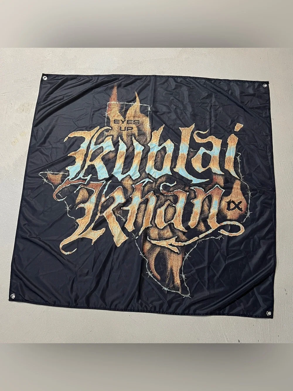 Kublai Khan TX Eyes Up Balancing Survival & Happiness Banner Flag - 4’ x 4’